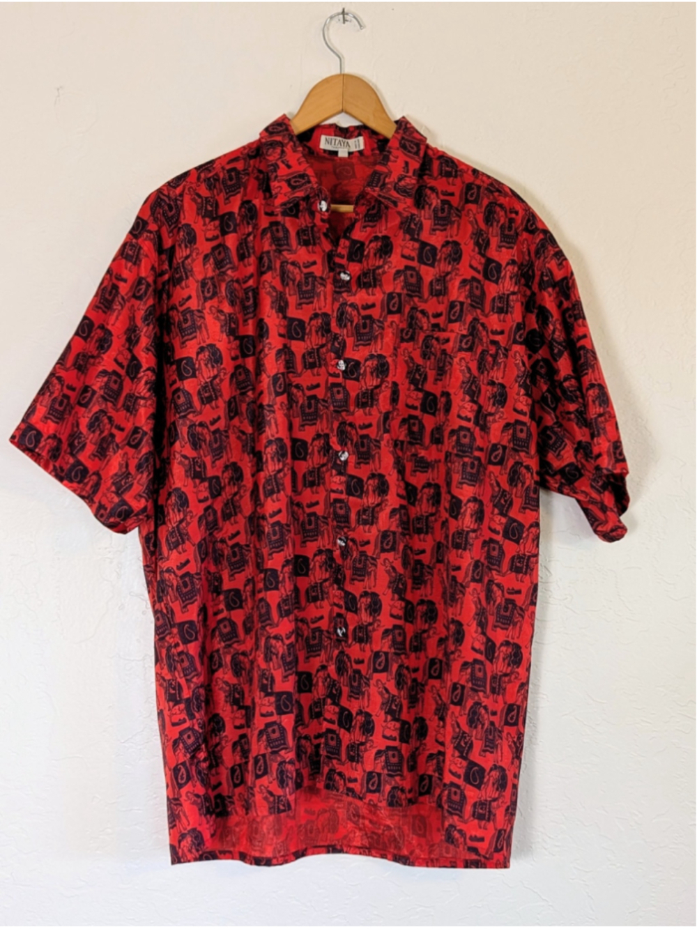 Thai Silk Elephant Print Shirt Mens XL Red Black Button Up Resort Festival - Picture 2 of 8